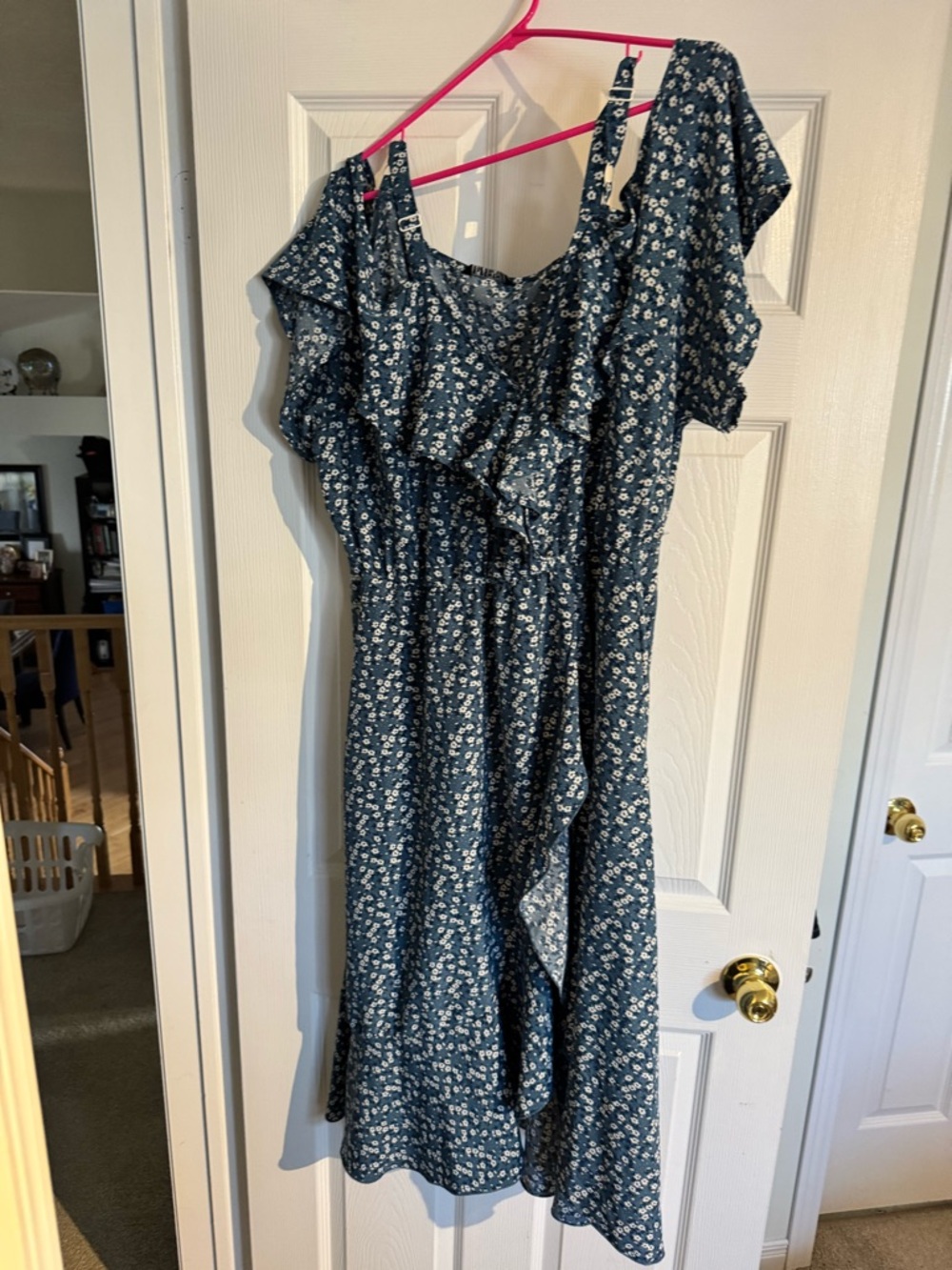 Floral Ruffle Midi Dress in Navy Blue